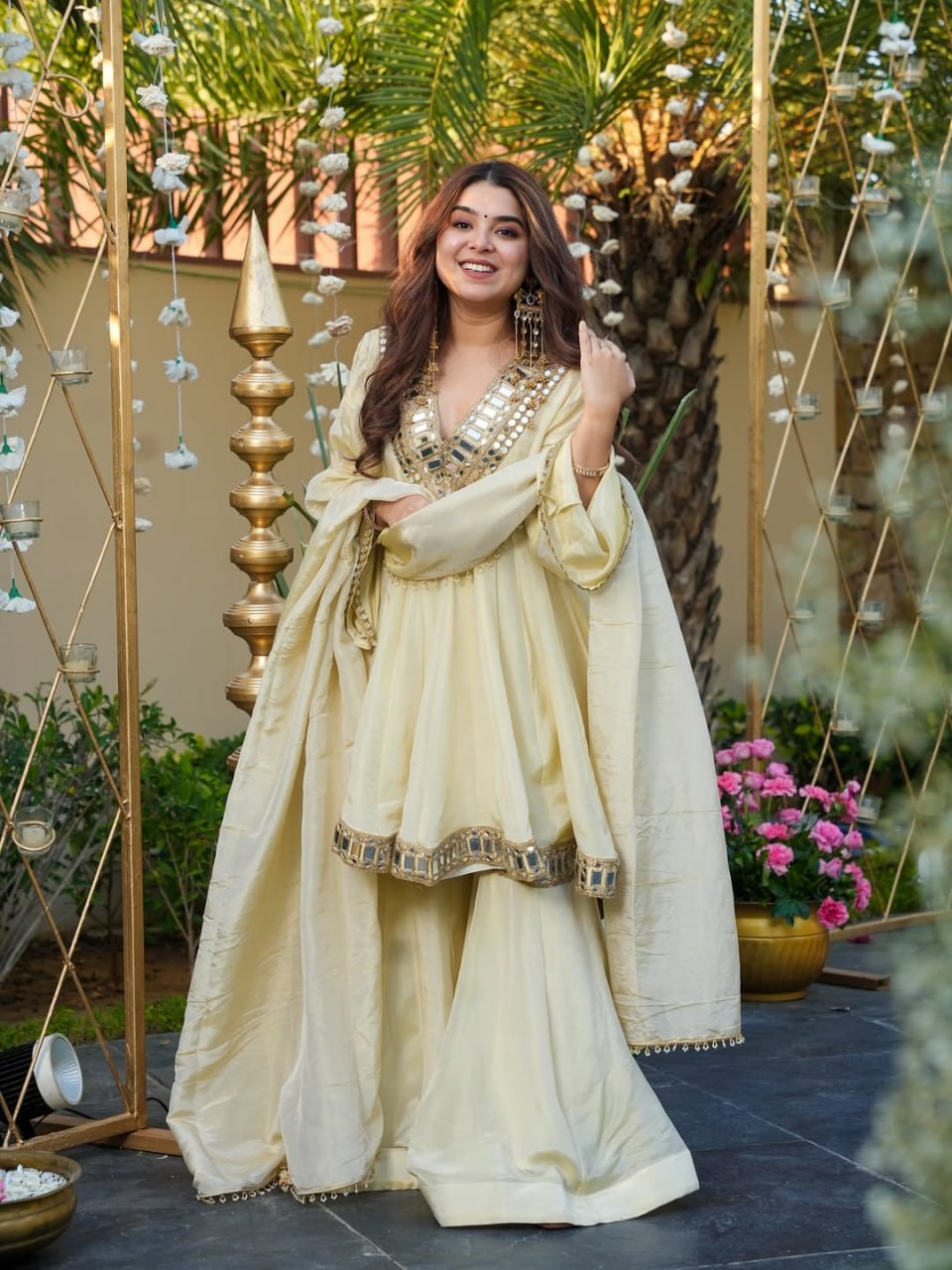 Women Mirror Work Chinon Silk Kurta Palazzo Set with Dupatta