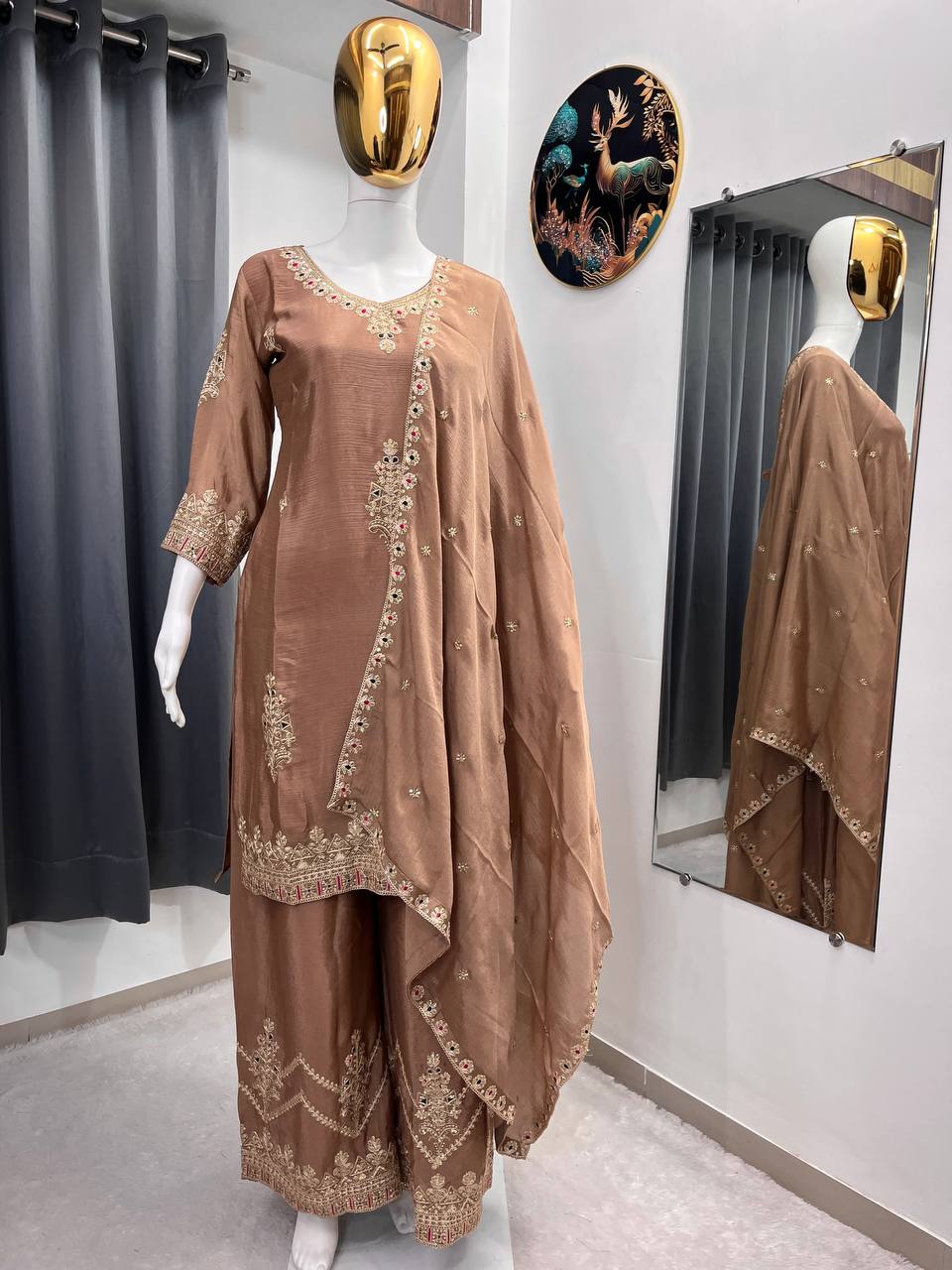 Women Heavy Embroidery Sequence Silk Kurta Palazzo Set with Dupatta