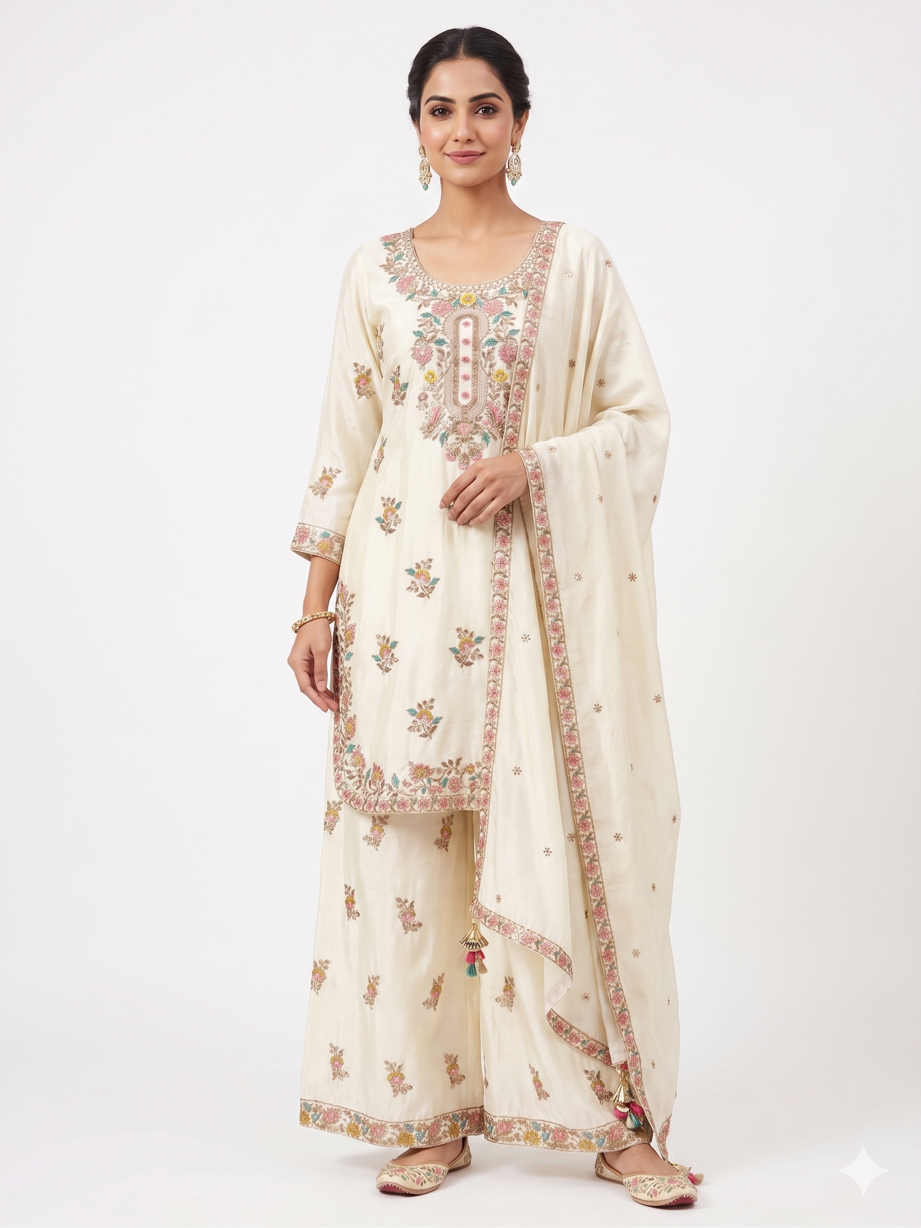 Designer Chinon Silk Embroidered Kurta Palazzo Dupatta Set