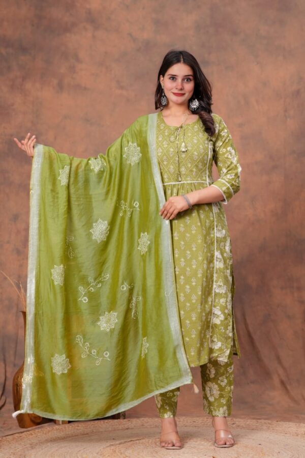 Sanganeri print kurti with pant and dupatta set - Image 5