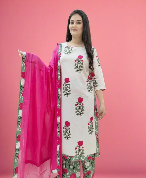Elegant Floral Printed Cotton Straight Suit Set