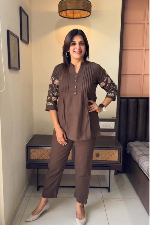 Elegant Cotton Co-ord Set with Floral Embroidery