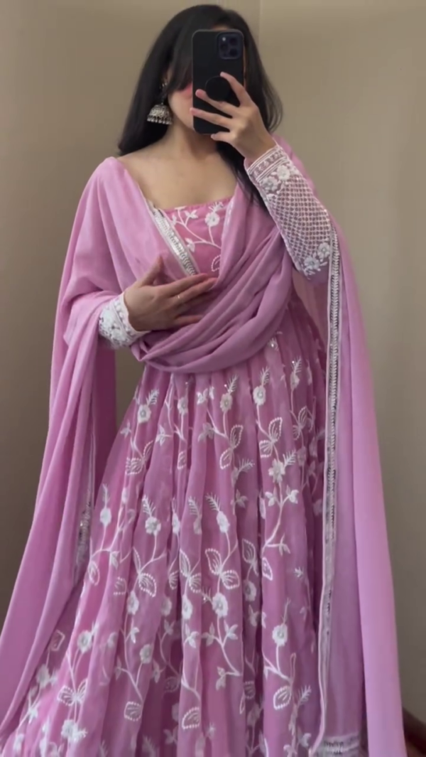 Fox Georgette Embroidered Party Wear Gown & Dupatta Set
