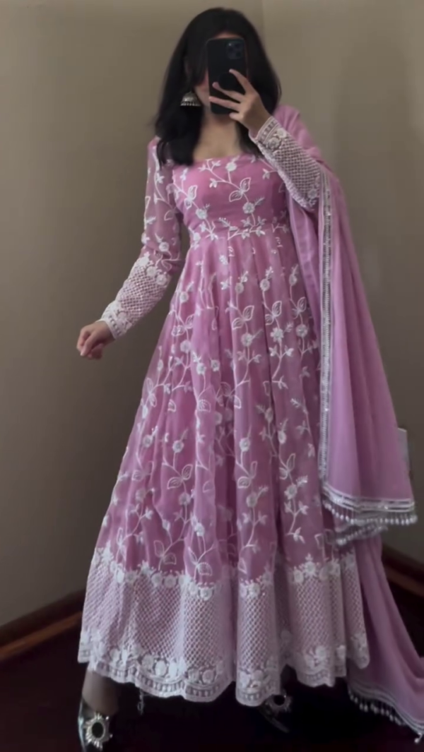 Fox Georgette Embroidered Party Wear Gown & Dupatta Set - Image 2