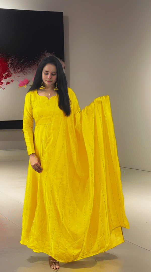 TVISHA Yellow Sparkling Embroidery Chinnon Silk Anarkali Dress