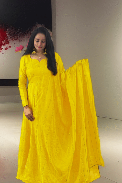 TVISHA Yellow Sparkling Embroidery Chinnon Silk Anarkali Dress
