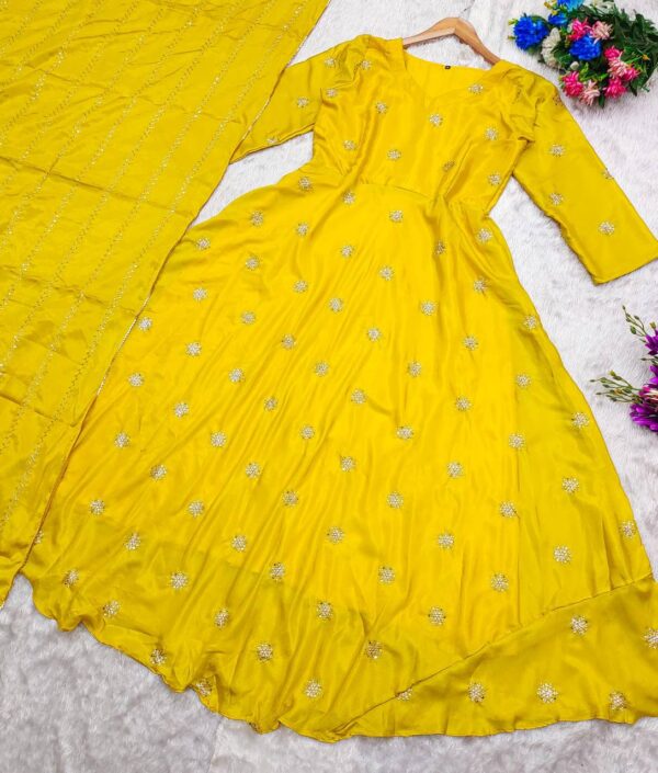 TVISHA Yellow Sparkling Embroidery Chinnon Silk Anarkali Dress - Image 2