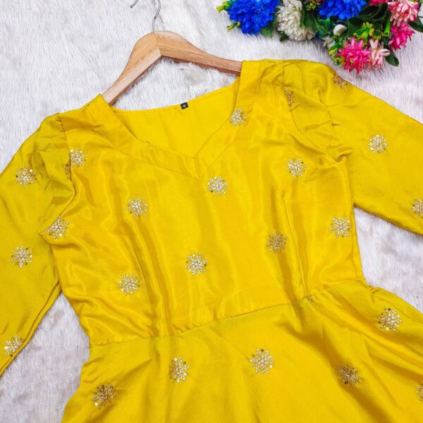 TVISHA Yellow Sparkling Embroidery Chinnon Silk Anarkali Dress - Image 3