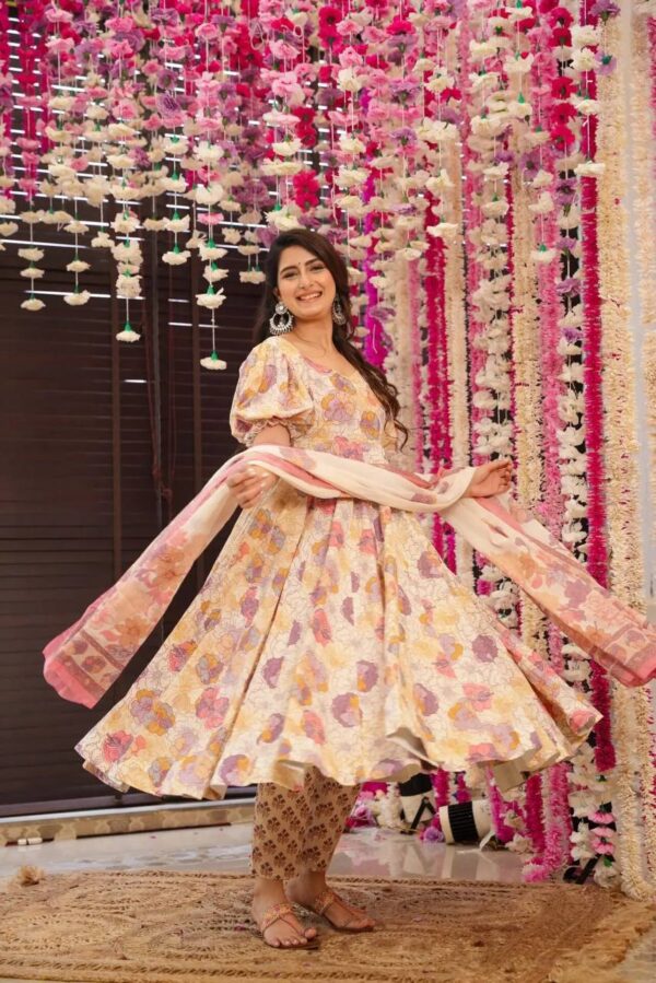 Unicorn Dreams: Soft Cotton Anarkali Suit Set with Floral Prints - Image 6