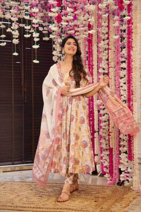 Unicorn Dreams: Soft Cotton Anarkali Suit Set with Floral Prints - Image 5