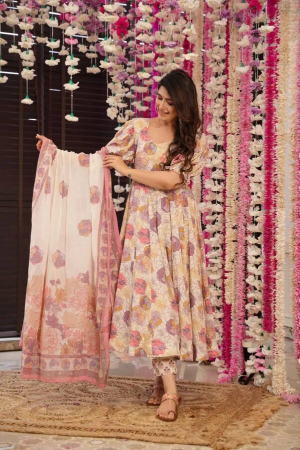 Unicorn Dreams: Soft Cotton Anarkali Suit Set with Floral Prints - Image 4