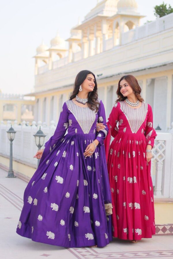 Majestic Elephant Embossed Georgette Gown Set - Image 8