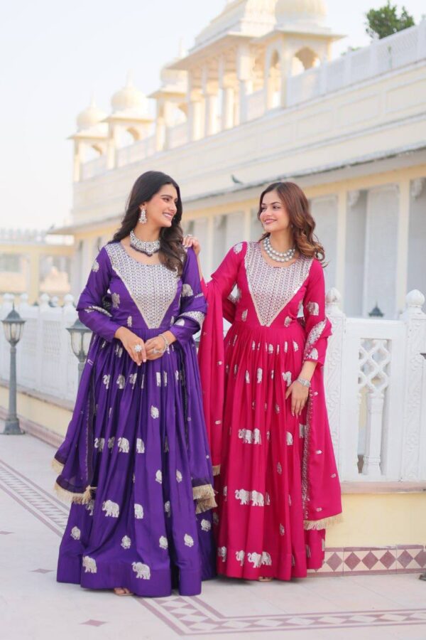 Majestic Elephant Embossed Georgette Gown Set