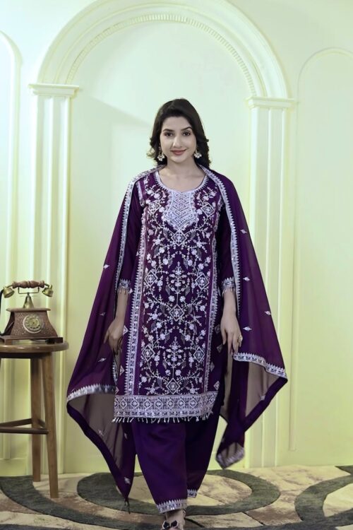 Elegant Sequence Embroidered Faux Georgette Top with Farsi Plazzo & Dupatta Set