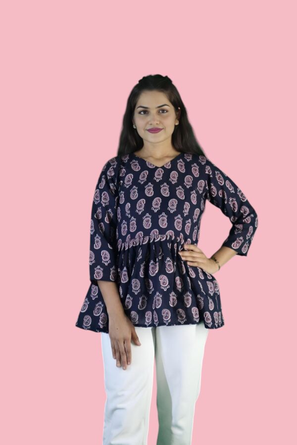 Navy Blue Printed Magic Cotton Short Kurti - Image 2