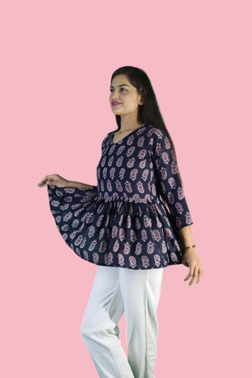 Navy Blue Printed Magic Cotton Short Kurti